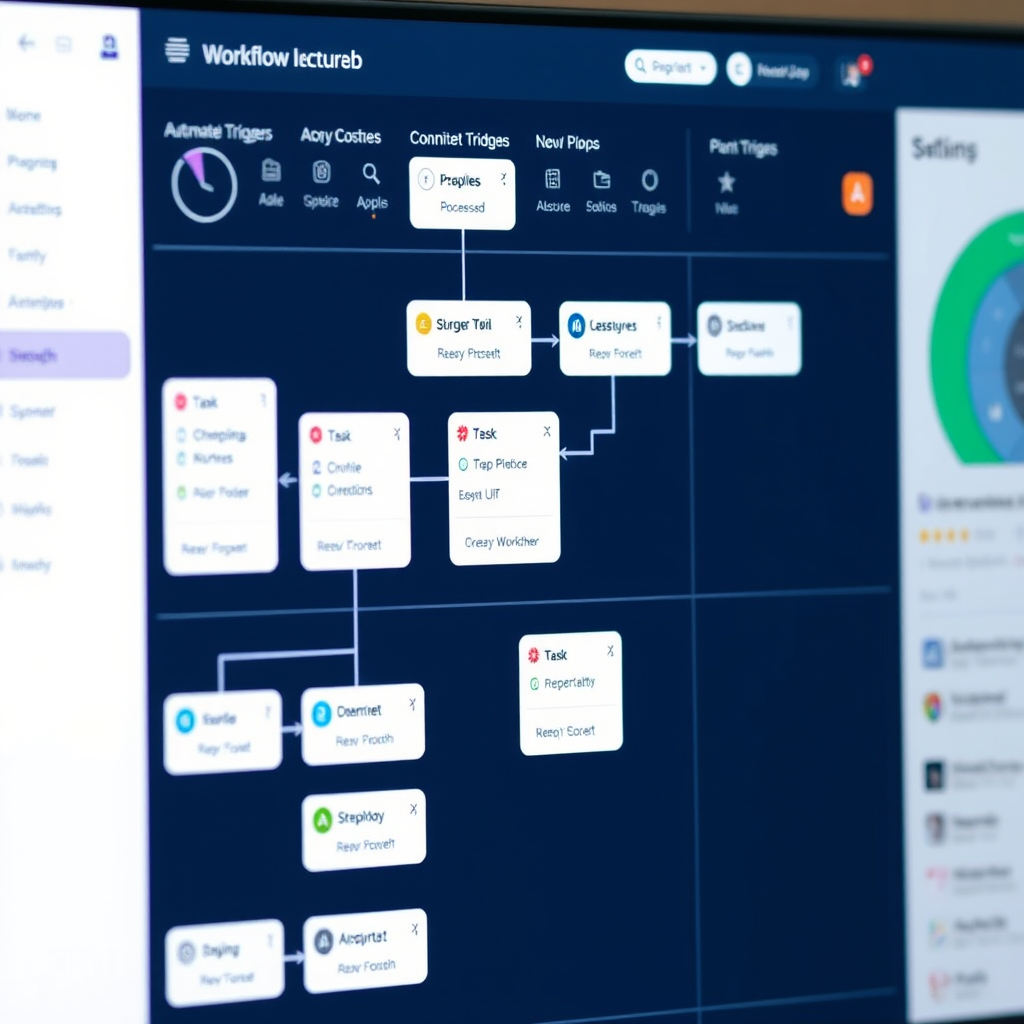 Modern workflow automation dashboard showing connected processes, task flows, and automated triggers in a clean digital workspace interface